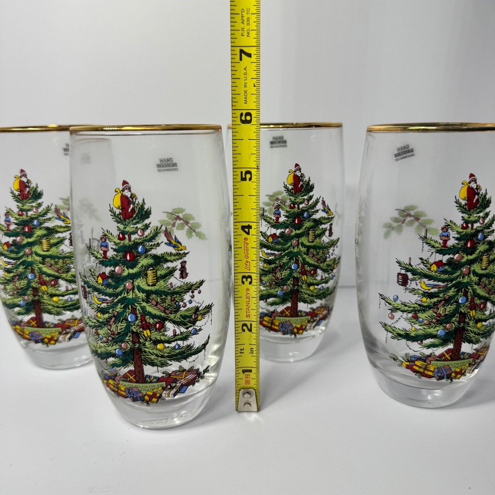 Spode Christmas Tree 6" Holiday Glass Tumblers 16oz Gold Rim Set of 4 with Box - Picture 7 of 11